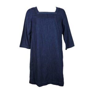 Talbots Womens 3/4 Sleeve Blue Chambray Denim Square Neck Shift Dress 16P NWT